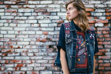 Fototapeta na wymiar embroidered denim vest on a model, brick wall backdrop