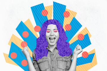 Creative artwork composite photo collage of overjoyed woman with violet paper hair screaming win jackpot isolated painted background - obrazy, fototapety, plakaty