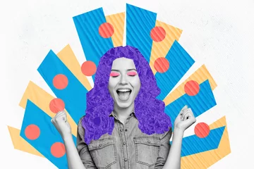 Fototapeten Creative artwork composite photo collage of overjoyed woman with violet paper hair screaming win jackpot isolated painted background © deagreez