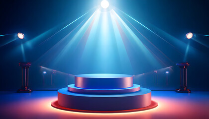 Abstract round podium illuminated with spotlight. Award ceremony concept. Stage backdrop....