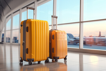 Two suitcase at airport plane. close up travel concept, summer vacation concept, traveler suitcases in airport terminal. Travelling luggage in the airport and near a passenger plane - obrazy, fototapety, plakaty