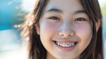 A young girl with a radiant smile showing her braces set against a blurred background.