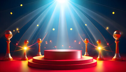 Abstract round podium illuminated with spotlight. Award ceremony concept. Stage backdrop....