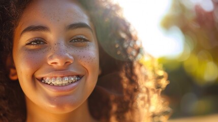 Smiling young girl with braces freckles and curly hair set against a blurred bright background. - obrazy, fototapety, plakaty