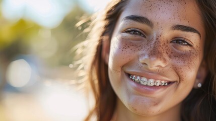 A young girl with freckles and braces smiling brightly with a radiant complexion set against a blurred natural backdrop. - obrazy, fototapety, plakaty