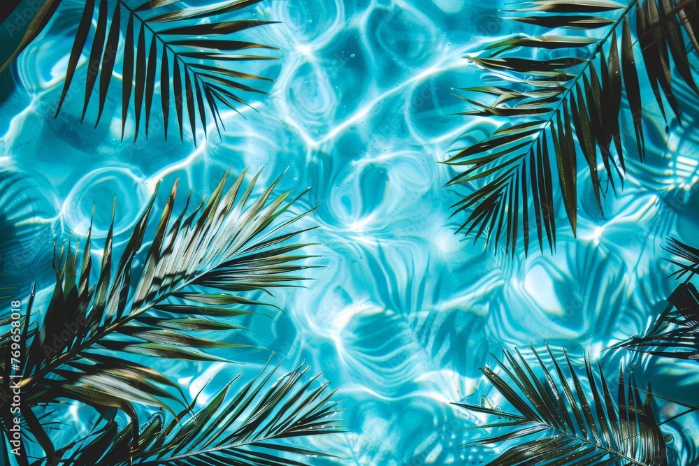 Poster a tranquil pool of water filled with lush palm leaves swaying gently in the breeze, creating a peace