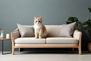 white cat on sofa  sofa, interior, furniture, cat, couch, room, home, design, animal, leather, 3d, comfortable, wall, pet, house, decor, kitten, seat,Ai generated 