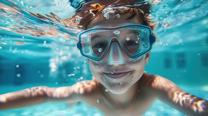 Naklejka premium A young boy with a big smile wearing blue goggles swimming underwater in a pool.