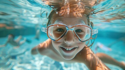 A joyful child wearing goggles and smiling underwater. - obrazy, fototapety, plakaty