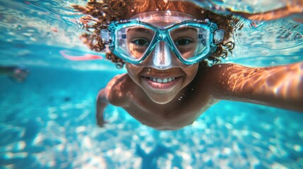 Naklejka premium A joyful young person with curly hair wearing blue goggles smiling underwater with a sense of adventure and freedom.