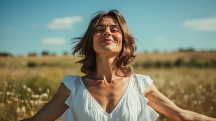 Fototapeta na wymiar A woman in a white dress with her eyes closed standing in a field of tall grass smiling and enjoying the moment with a clear blue sky in the background.