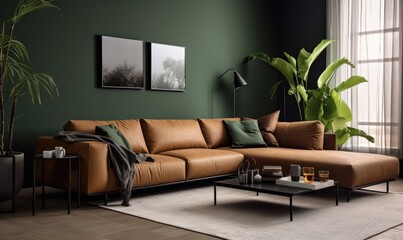 A minimalistic living room with a corner sofa with thin metal legs