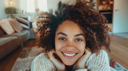 Smiling woman with curly hair wearing a white sweater sitting on a rug in a cozy living room.