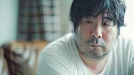 Fototapeta premium A man with dark hair and a beard wearing a white shirt looking down with a contemplative expression.