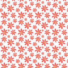 Fototapeta na wymiar The pattern of spring flowers is pink daisies. Colored daisies on a white background. Cute flower in different sizes. Seamless texture for printing on textiles and paper. Holiday