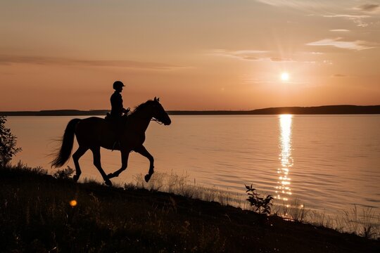person riding horse along shoreline at sunset