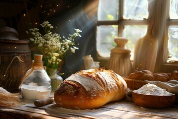 Rustic bread loaf on wooden table with sunlight and flowers