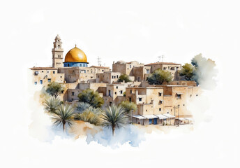 Al-Aqsa mosque and Dome of the Rock in Jerusalem, Israel. Watercolor sketch on white paper
