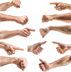 Multiple male caucasian hand gestures isolated over the white background, set of multiple images