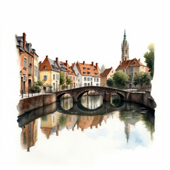 Obraz premium View of the old town of Bruges, Belgium. Watercolor sketch on white paper.