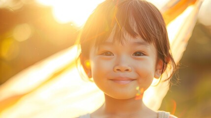 A young girl with a radiant smile her face illuminated by the warm glow of the sun with her hair softly blowing in the breeze.