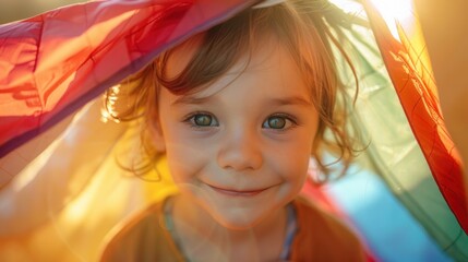 A young girl with big brown eyes and a radiant smile peeking out from behind a colorful sunlit fabric.