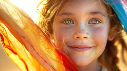 A young girl with freckles and sparkling eyes smiling at the camera with a colorful scarf in the foreground. - obrazy, fototapety, plakaty