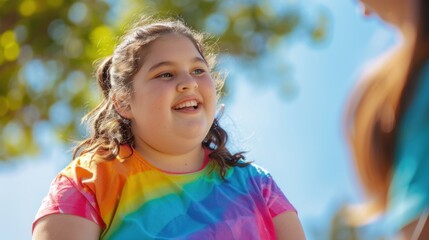 Fototapeta premium A young girl with curly hair wearing a vibrant tie-dye shirt smiling and looking up at someone with a blurred background of trees and sky.