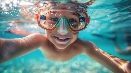 Naklejka premium A young child with a big smile wearing red goggles swimming underwater with bubbles around.