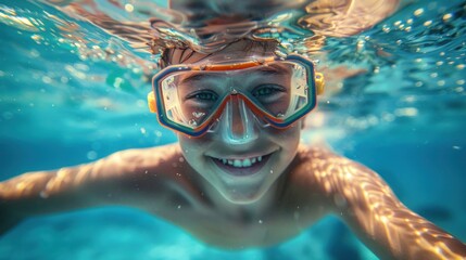 Naklejka premium A young boy with a joyful expression wearing snorkeling gear submerged in clear blue water.