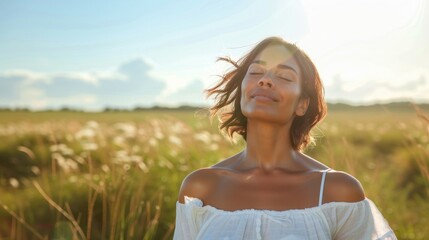 Fototapeta na wymiar Woman in white blouse eyes closed smiling standing in tall grass basking in sunlight serene peaceful natural setting sunset clouds blue sky.