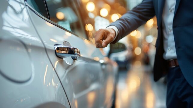 Businessman, hands and chauffeur by car door for travel accommodation, designated driver or commute. Hand of male person on vehicle handle in professional transport service, business class or pick up