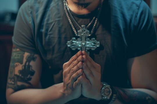 man with hands clasped praying in front of a cross on a necklace