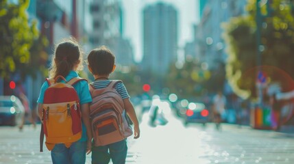 Two children walking down a city street each carrying a backpack with blurred cityscape and traffic in the background.