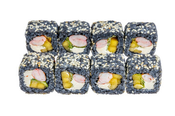 rolls with black rice, shrimp and avocado on a white background and isolate