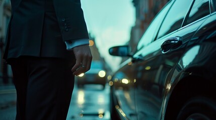 Businessman, hands and chauffeur by car door for travel accommodation, designated driver or commute. Hand of male person on vehicle handle in professional transport service, business class or pick up
