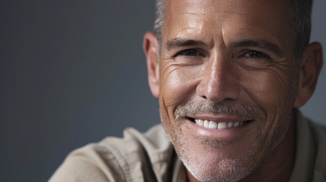 A close-up of a man with a warm smile showing his teeth and a hint of graying hair set against a blurred background suggesting a portrait or headshot.