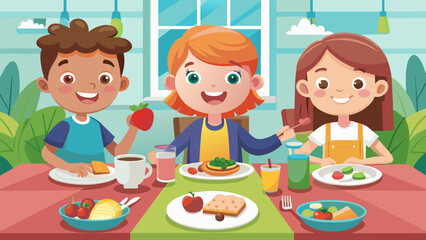 a vector illustration of happy kids eating healthy 