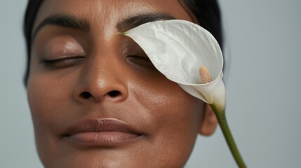 A serene close-up of a person's face with their eyes closed adorned by a delicate white flower resting on their eyelid set against a soft neutral background. - obrazy, fototapety, plakaty