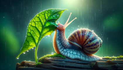 Snail Eating a Leaf , macro photography , natural background. - obrazy, fototapety, plakaty