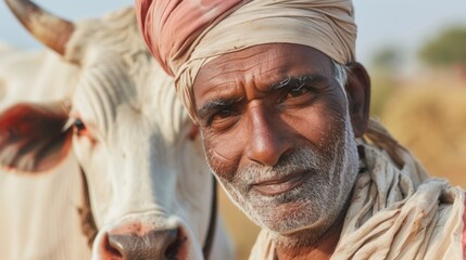 An elderly man with a turban and a white beard standing next to a cow with horns in a rural setting with a blurred background. - obrazy, fototapety, plakaty