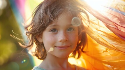 Fototapeta premium A young girl with freckles smiling with sunlit hair and a colorful kite in the background.