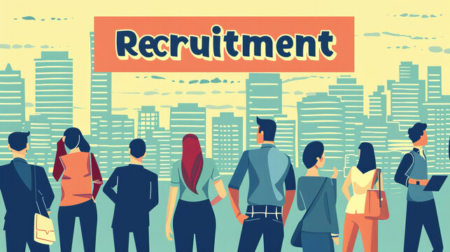 A person looks at a single-colored image with the words "Recruitment" written on it, wondering about job opportunities.