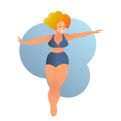 Plus size curvy lady doing yoga class. Vector illustration isolated on white. Online home workout concept. Body positive. Attractive overweight woman.
