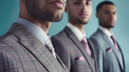 Three business suits, worn by office workers, are neatly lined up in a row, showcasing professional attire