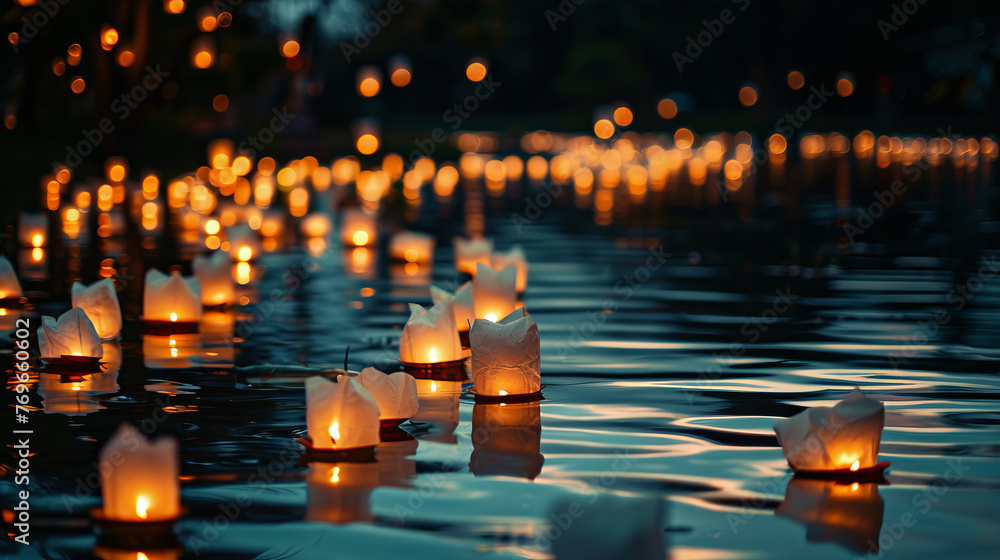 Poster lanterns float on calm waters under evening sky, forming a path of light that conveys warmth and hop