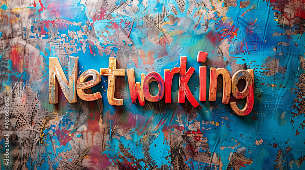 Poster a person networking on a blue background with the help of 3d technology, surrounded by words.