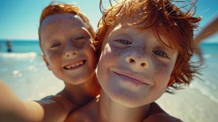 Two young boys with freckles smiling at the camera taking a selfie on a beach with the ocean in the background.