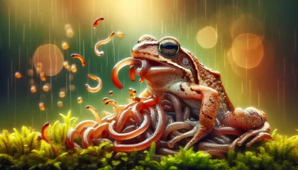 Fototapeten Frog Eating Worms , macro photography , wildlife natural background. © HappyTime 17