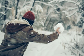 person with a snowball behind their back, sneaking up - obrazy, fototapety, plakaty